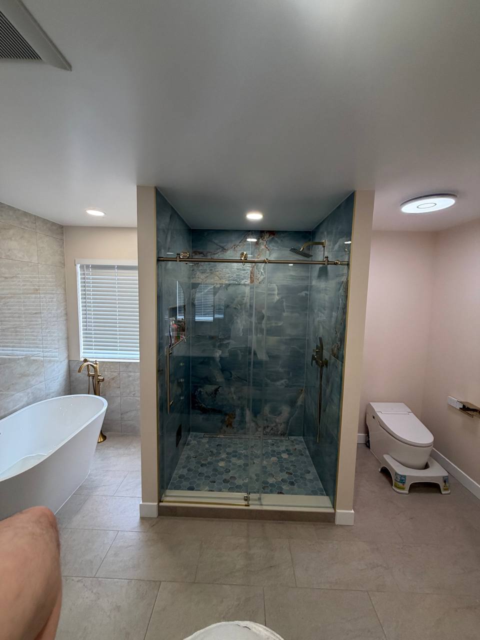 Custom onyx tile walk-in shower, Round Lake